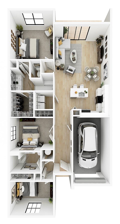 a stylized floor plan of a house with a car in the garage